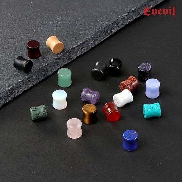 NEW EVEVIL Mixed Stone Ear Gauges Double Flared Saddle Stretching Gauge Expander - Picture 1 of 7